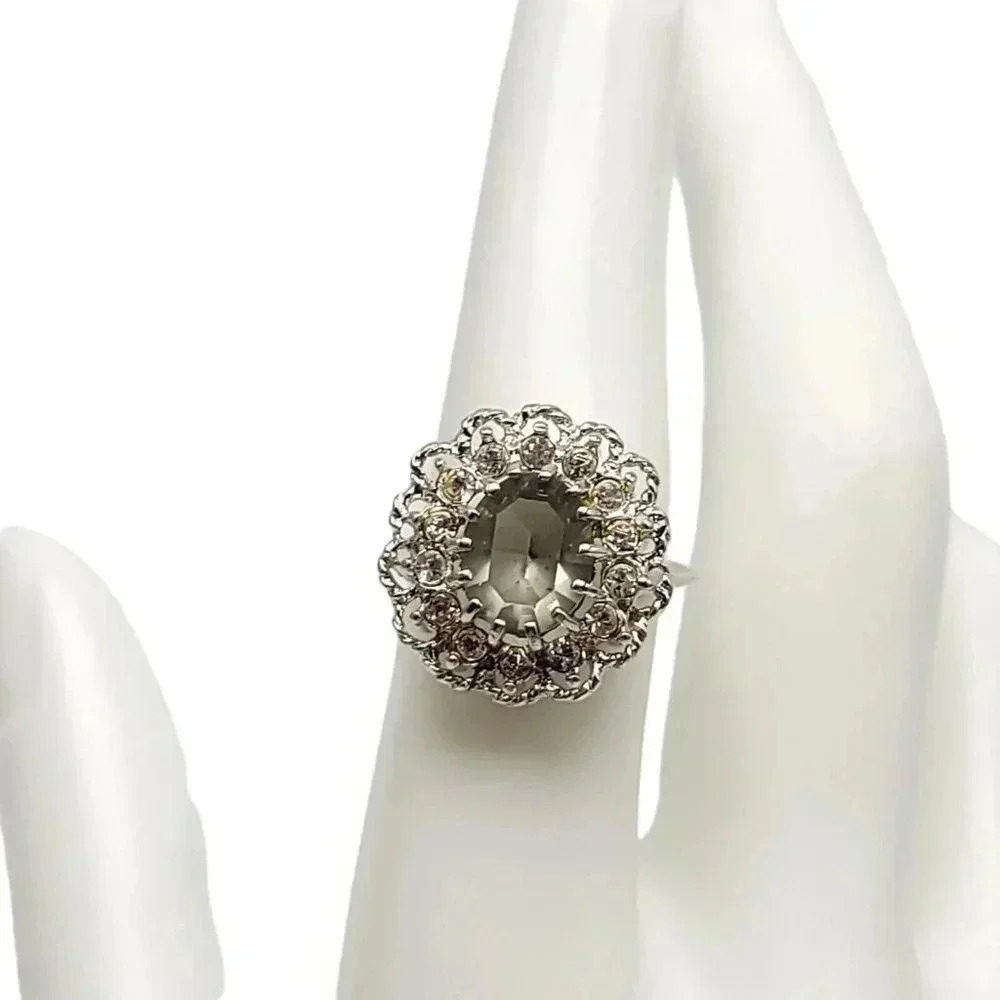 Lind Gray Grey Clear Glass Rhinestone Openwork Flower Silver Plated Ring Size 7